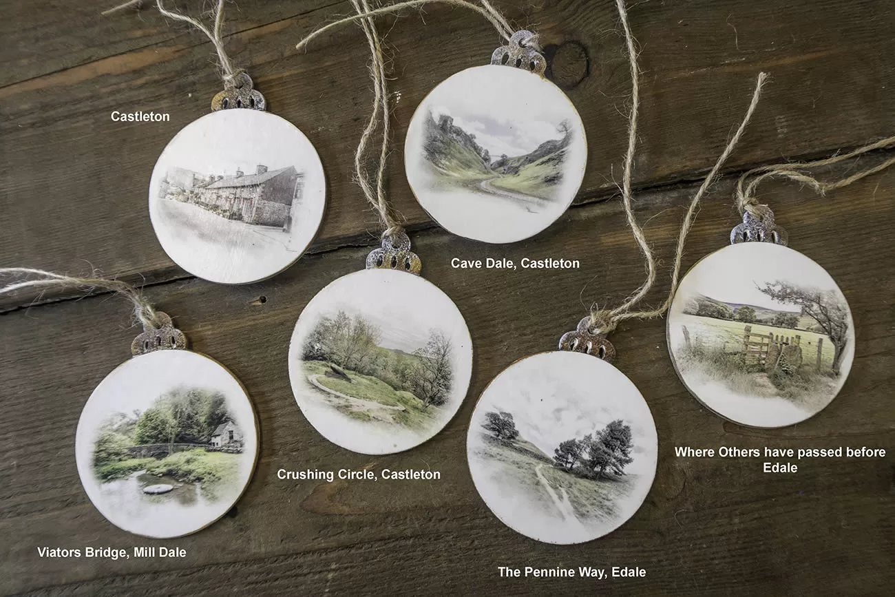 Wooden Peak District themed Christmas decorations